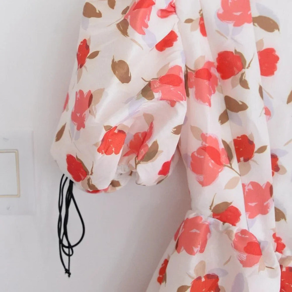For Love & Lemons Jesse Puff Sleeve Floral  Mini Dress Cream & Red S NWT - Picture 5 of 14